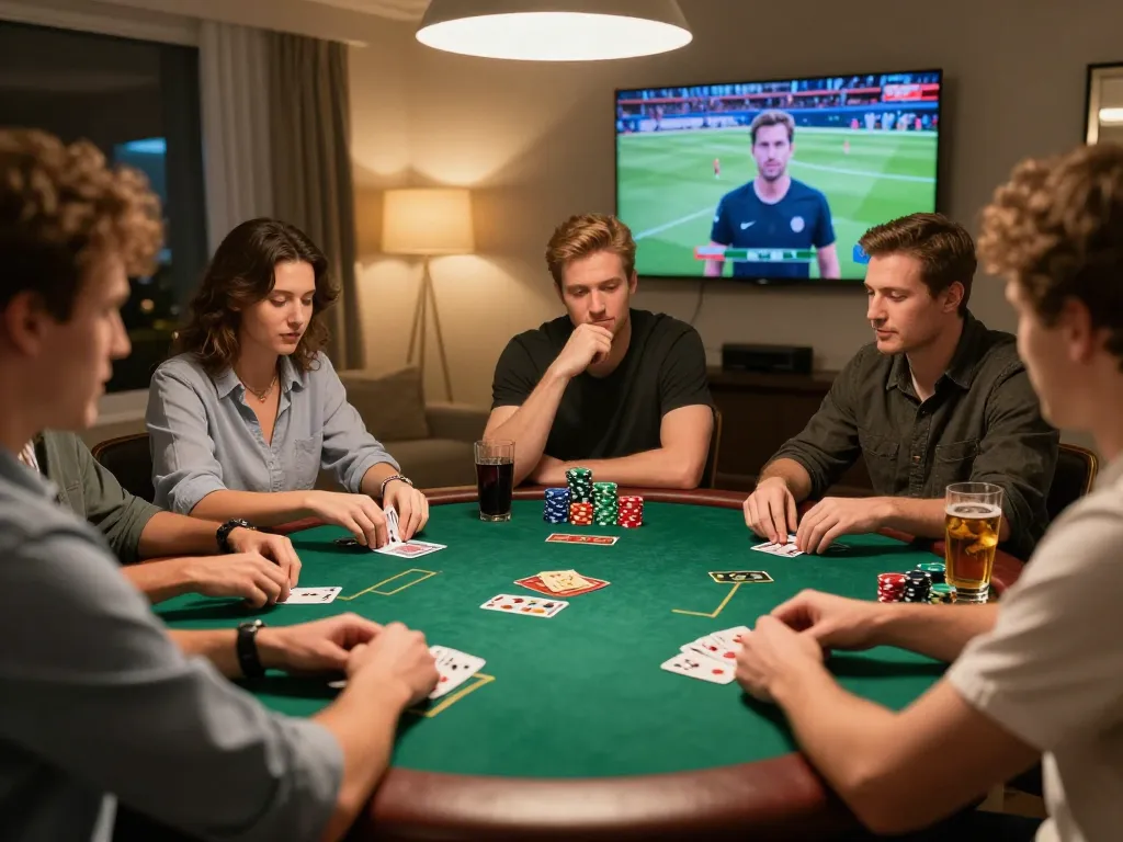 du88 poker night with friends gathering around a table strategizing and playing cards