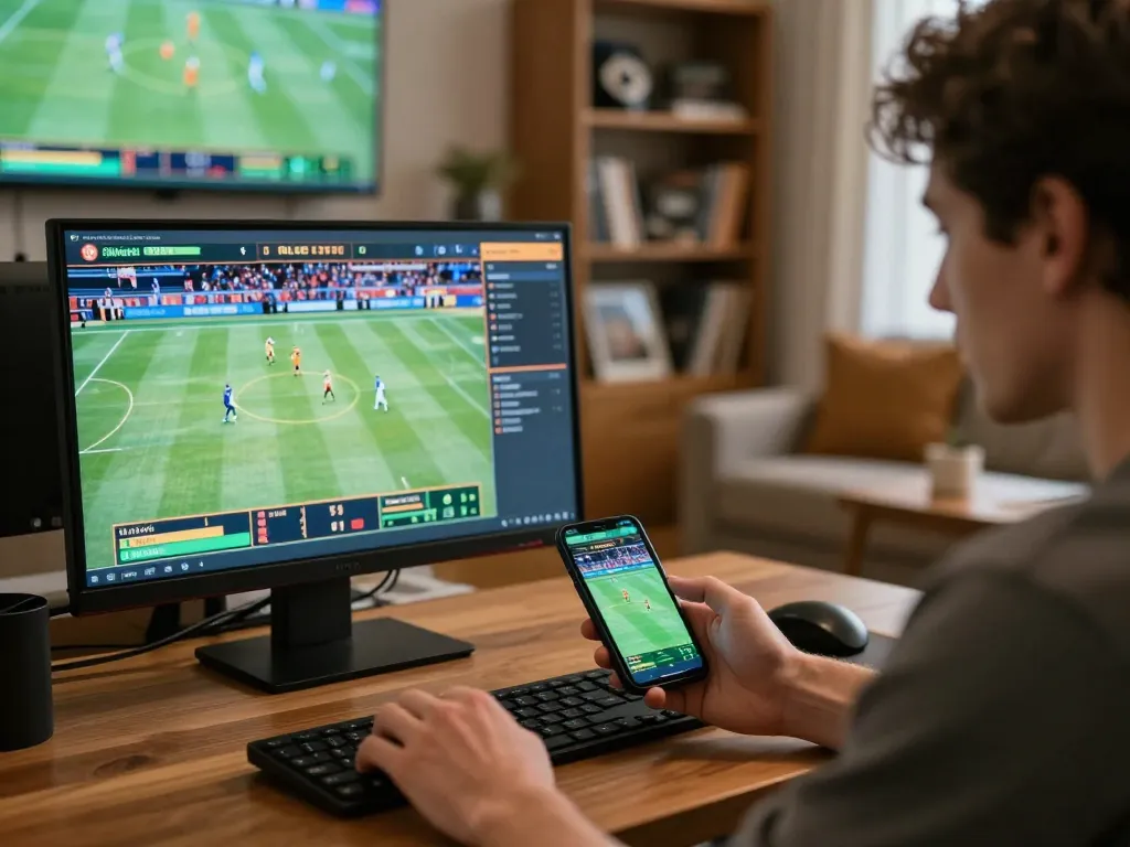 Experience sports betting excitement with 789P on a sleek smartphone amidst a stylish home office