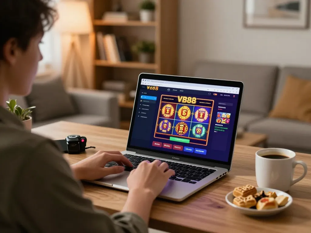 Player enjoying online gaming at VB88 casino, laptop displaying colorful interface with lively slots.