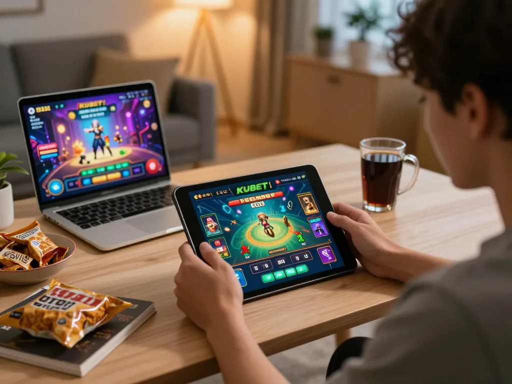 KUBET player engaged in online gaming on a tablet with vibrant graphics, cozy home environment.