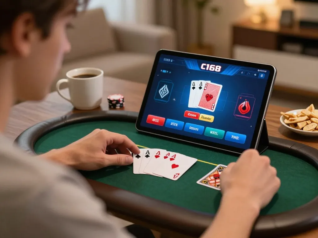 Player engaging in poker online with c168 in cozy home setting, showcasing strategic gameplay.