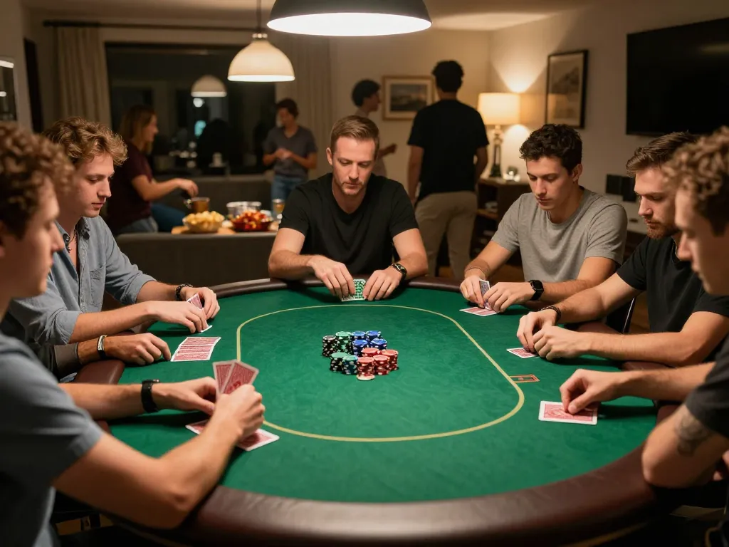 Players enjoying a poker game at home, highlighting strategic moves with uu88.