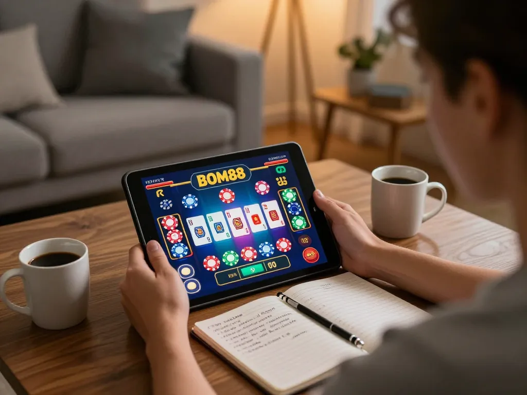 Pengguna BOM88 aktif bermain kasino online di tablet dalam suasana ruang tamu yang nyaman, menunjukkan permainan yang strategis.