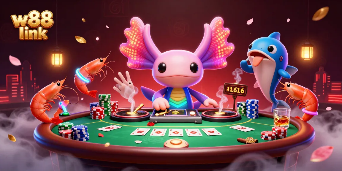 Engage with the vibrant w88 link scene showcasing a neon axolotl DJ and poker dynamics-packed illustration.