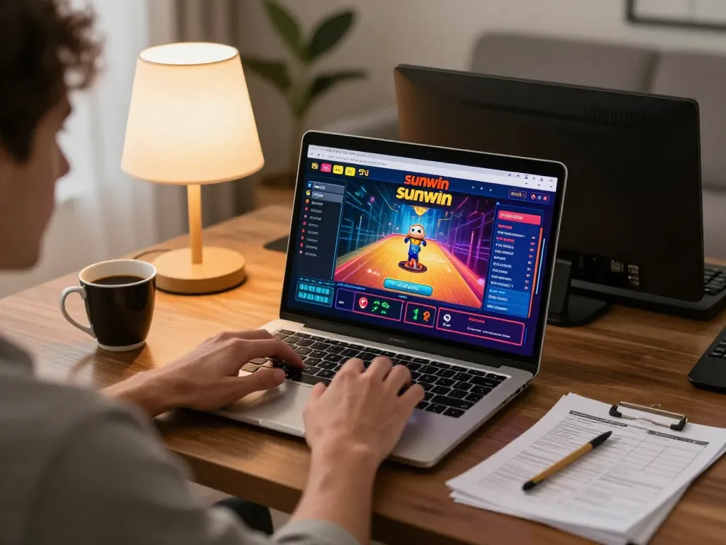 Player engaging with sunwin gaming interface on a laptop in a cozy home setting.
