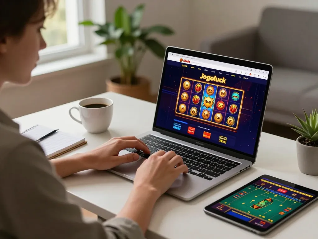 Engaged user playing on the Jogoluck online casino, showcasing strategic betting in a cozy home environment.