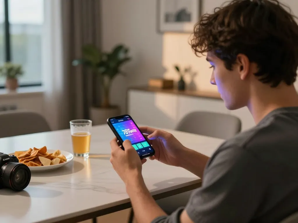 Engaging with the 789win app on a smartphone while enjoying a cozy home atmosphere.