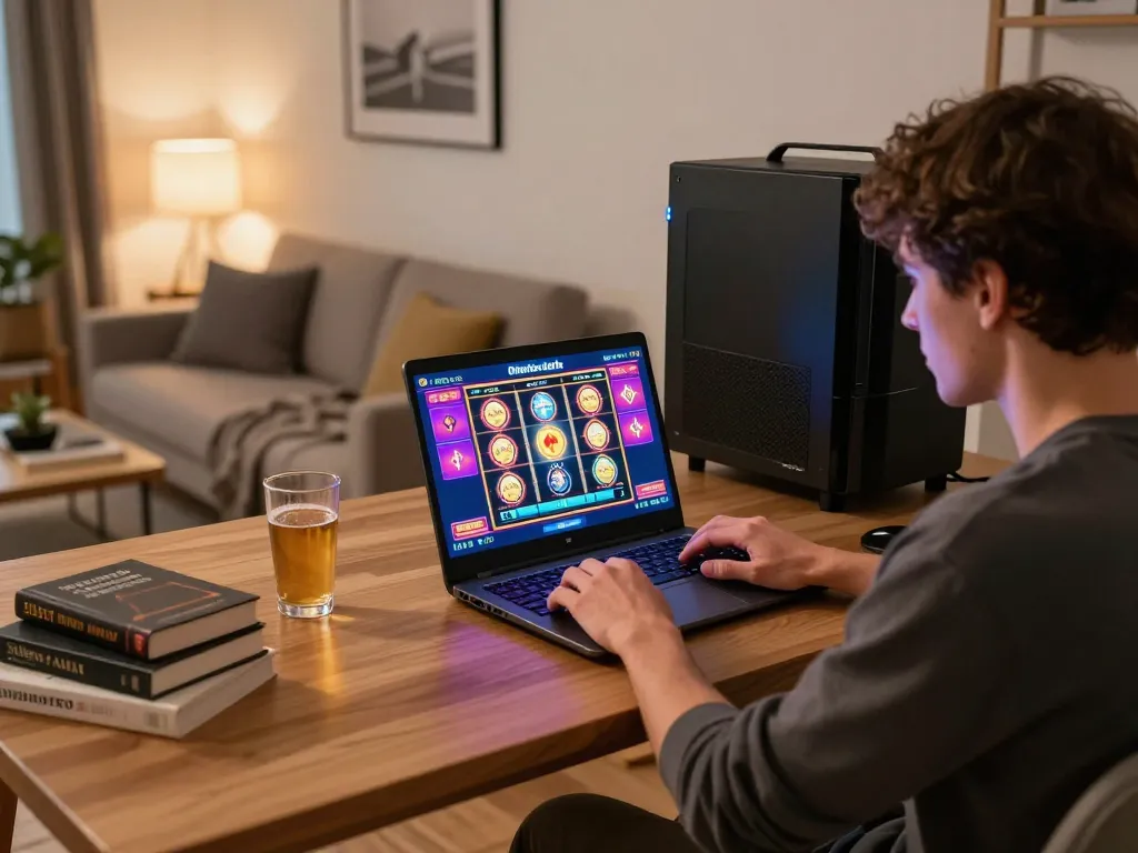 Engaging online gaming session on ytr88 with vibrant slot machine interface and cozy atmosphere.