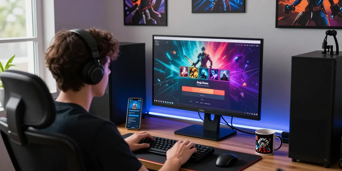 Engaging Raja Game login scene with user at modern gaming desk, vibrant atmosphere, focused on gameplay.