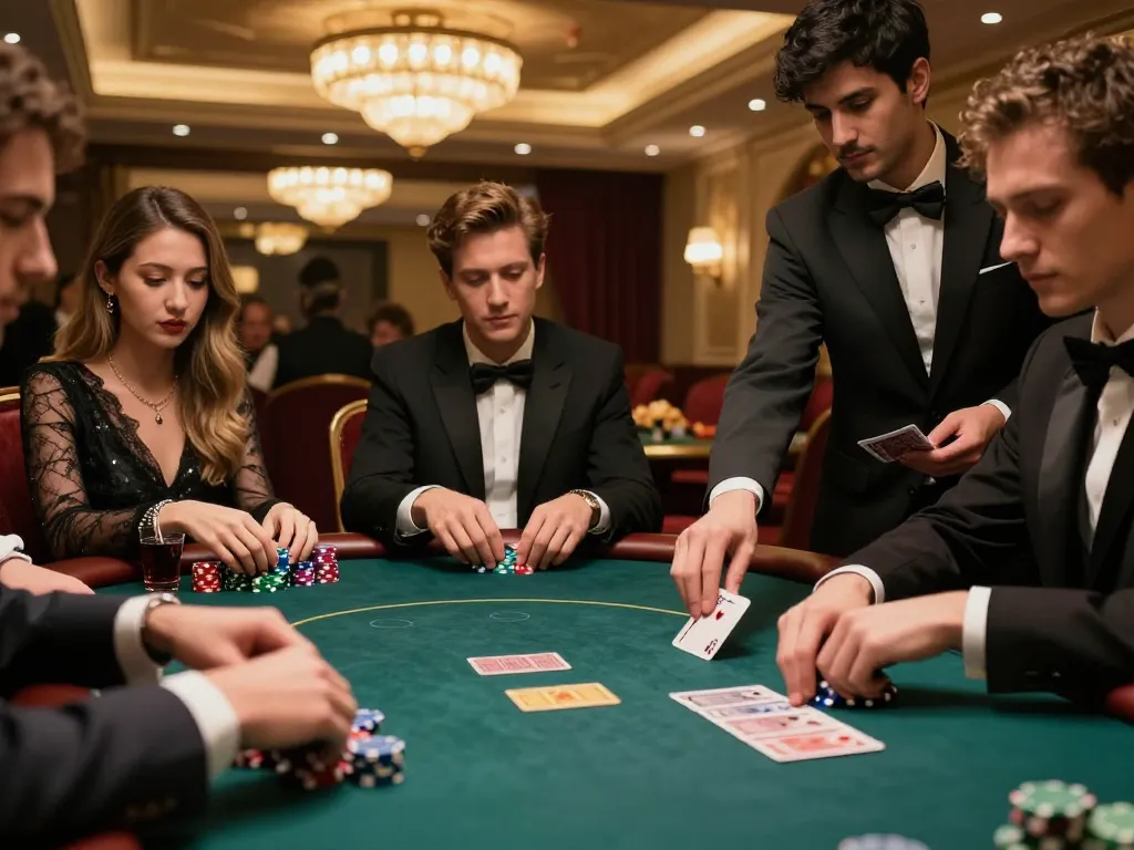 Players engage at a F168 poker table, emphasizing strategic gameplay and ambiance in a luxurious casino.