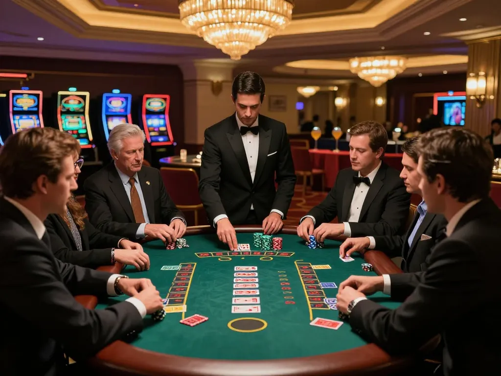 cm88 players strategizing at high-stakes blackjack table in luxurious casino atmosphere