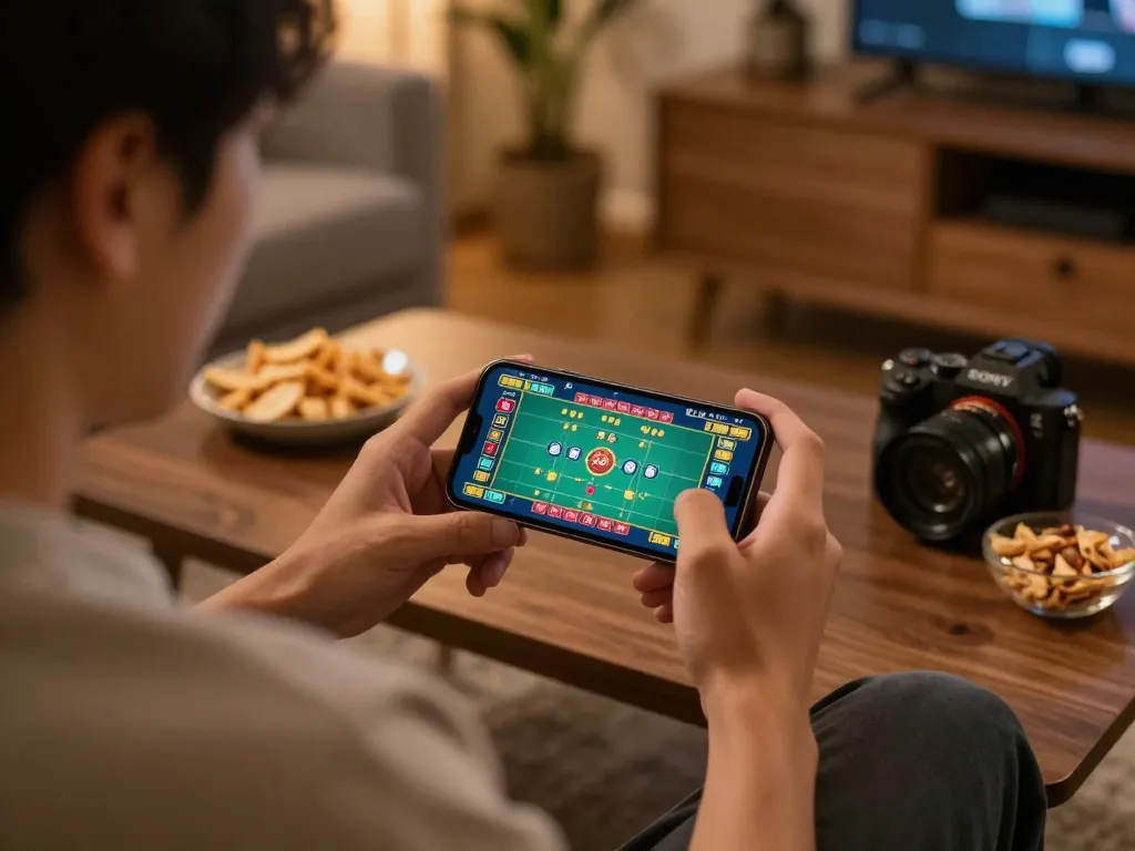 Tài xỉu online gameplay on smartphone in a cozy home setting, showcasing modern gaming convenience.