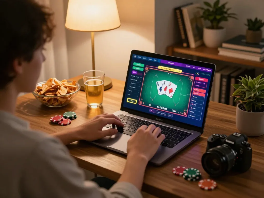 Engaging poker gameplay on a laptop showcasing go99 casino app, emphasizing dynamic online gambling experience.