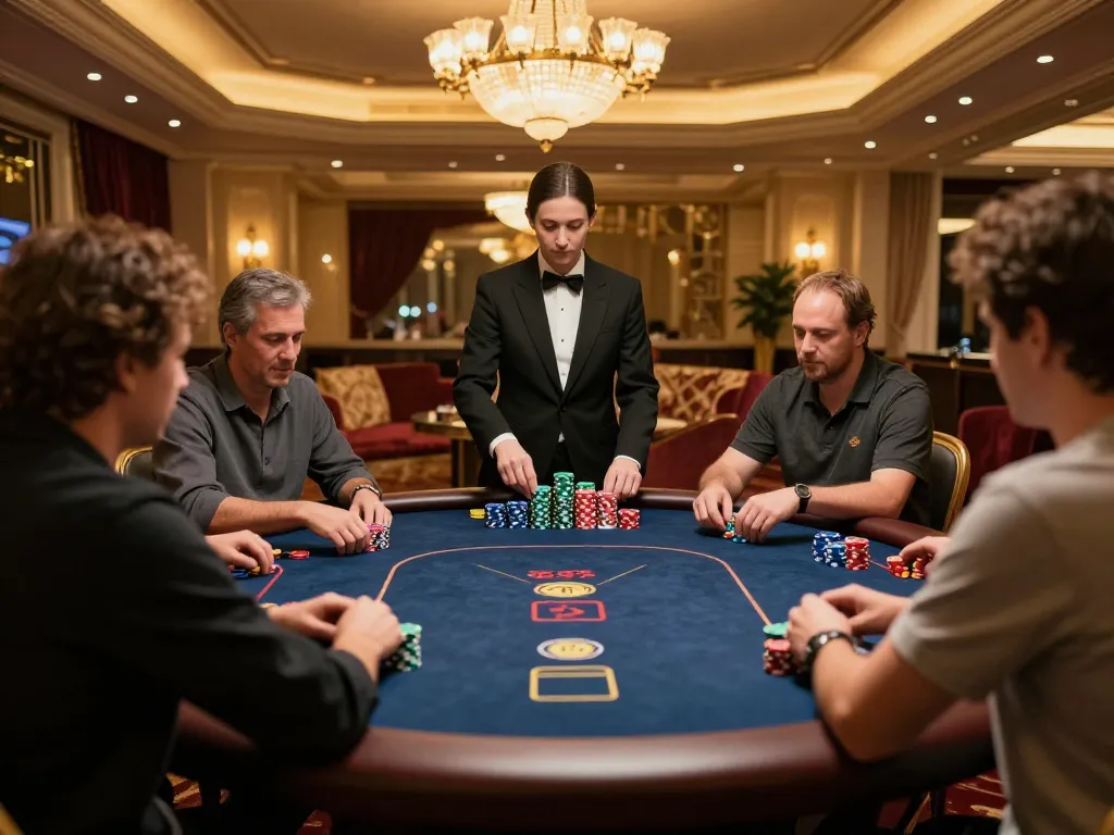 O8 players betting at an upscale poker table with vibrant chips and luxury casino decor