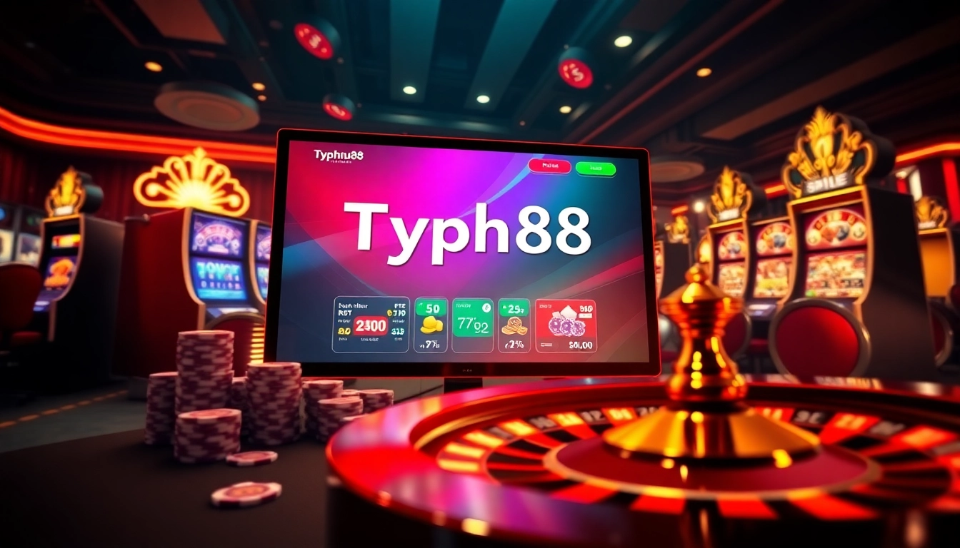 Experience the thrill of Typhu88 with a striking online gambling scene surrounded by classic casino elements.