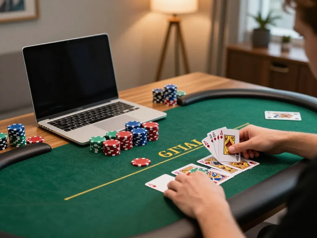 Casual player engaging in online poker at home, revealing premium gambling strategies with casinoatlas.