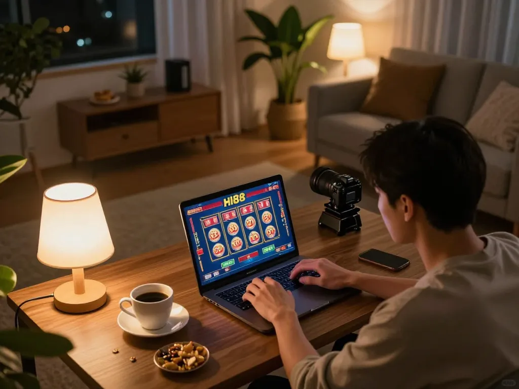 Engaged player enjoying online casino at Hi88, laptop displaying poker game in cozy home setting.