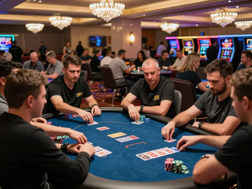 A lively poker game at alev casino türkiye casino, filled with excited players and vibrant lighting, capturing the essence of thrilling gameplay.