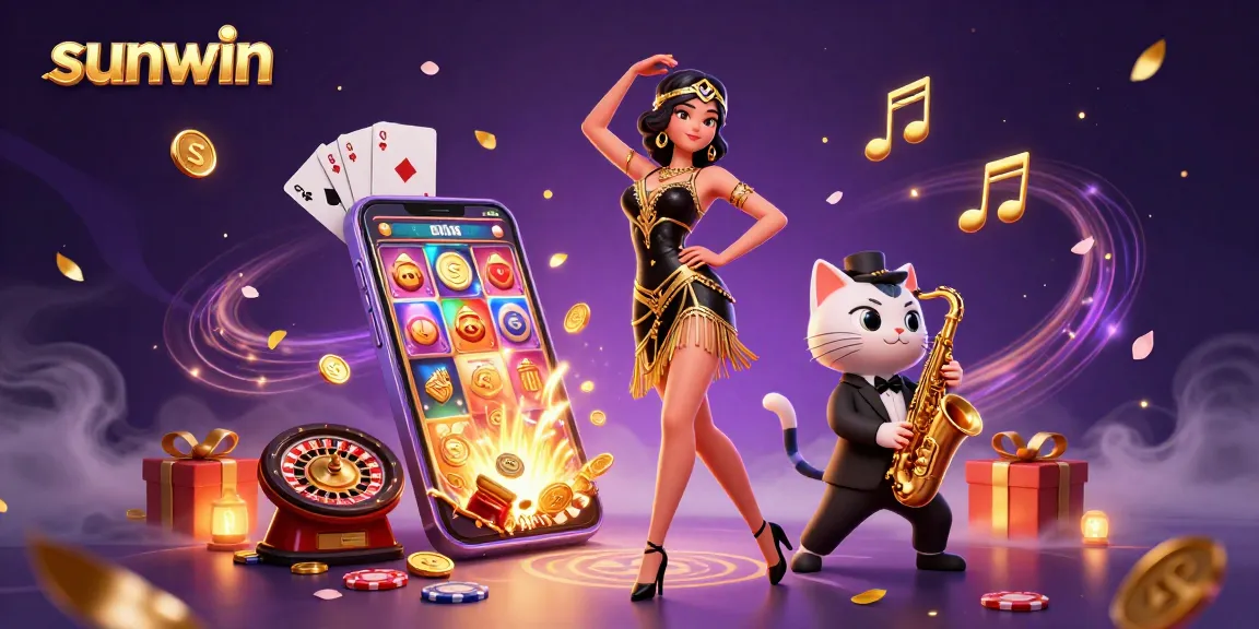 Win big with sunwin as dancers and game elements collide in vibrant 3D casino art.