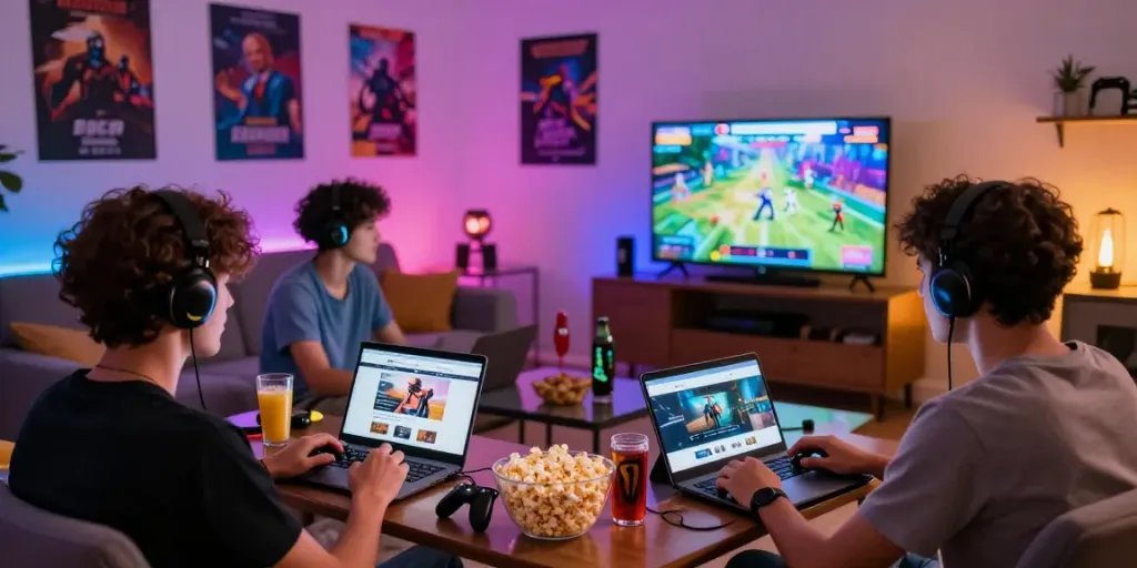 Group enjoying gaming session with A80 website on devices in a cozy room