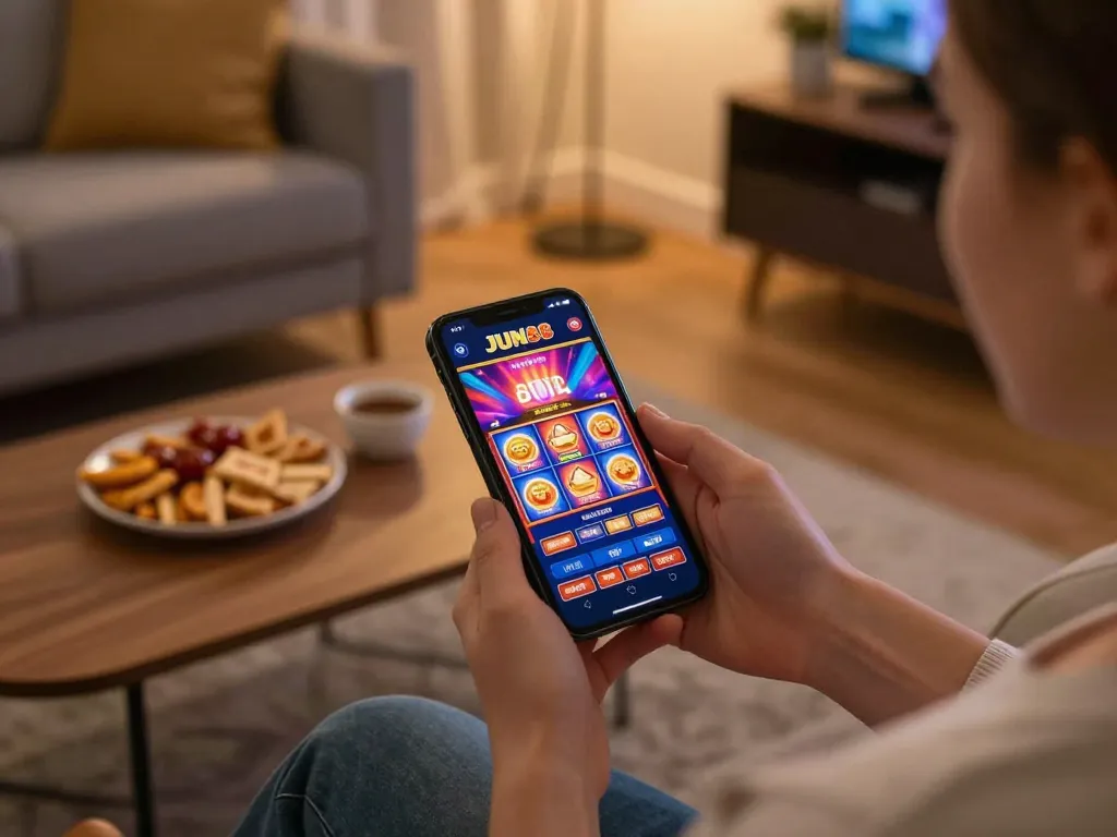 Player enjoying JUN88 mobile gaming experience with vibrant slot graphics in cozy home setting.
