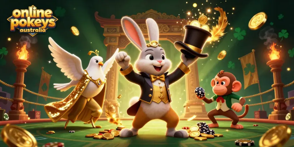 Experience the thrill of online pokies Australia with exciting characters and vibrant gameplay elements in this dynamic scene.