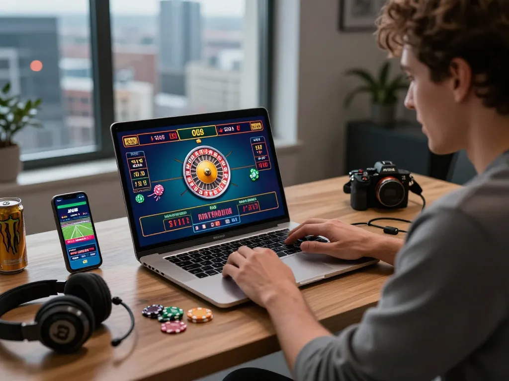 32win player enjoying online casino game in lively home office setting, focused on winning.