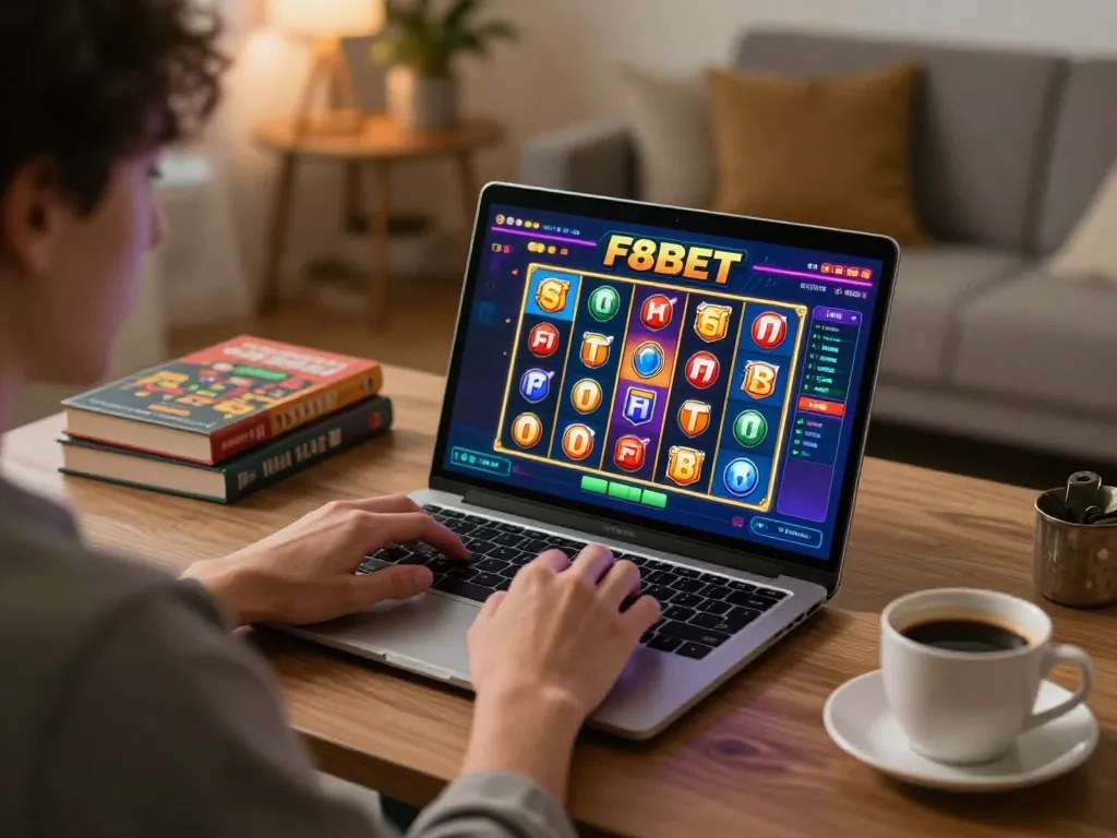 Engaging in F8BET online gaming, showcasing colorful slot interface and cozy home gaming setup.