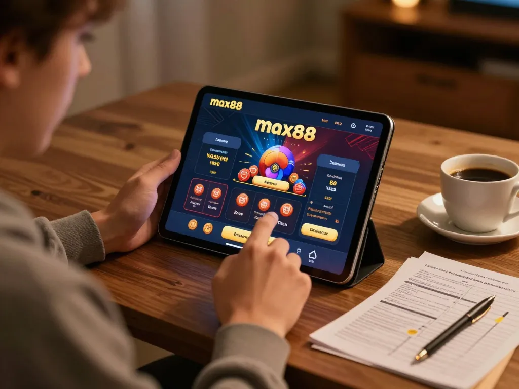 Person enjoying online gaming at home using max88 casino app, embodying responsible gaming.