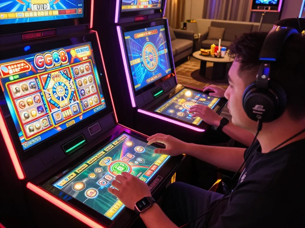 Engaging with gg88 slot machines during an online gaming session showcasing vibrant gameplay on a tablet.