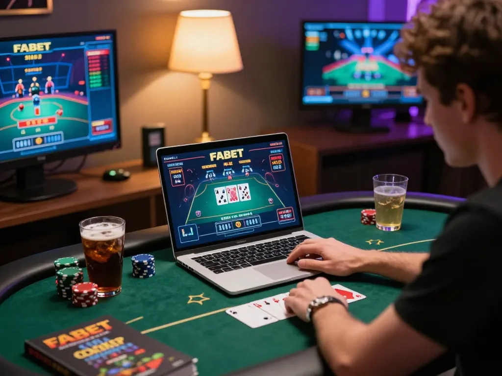 FABET online poker gameplay scene with player engaged at desk, showcasing strategy materials.