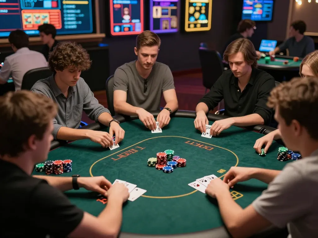 Trò chơi poker trực tuyến LỢI8 với người chơi tập trung vào chiến lược và cược, thể hiện đồ họa sống động và sự tham gia.