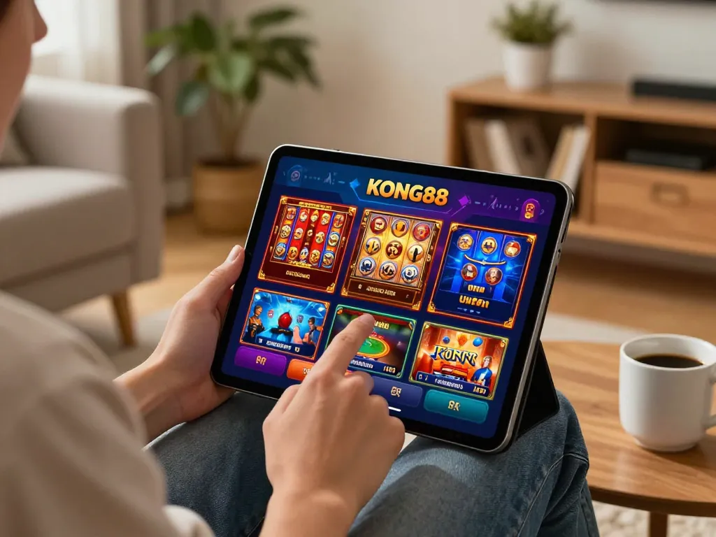KONG88 user enjoying an online gaming session on a tablet in a cozy living room.