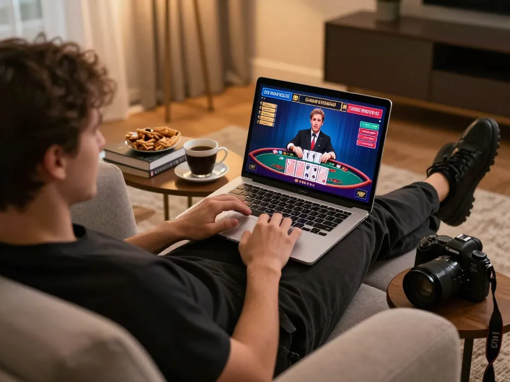 cm88 user engaging with live dealer blackjack on a laptop in a cozy home setting