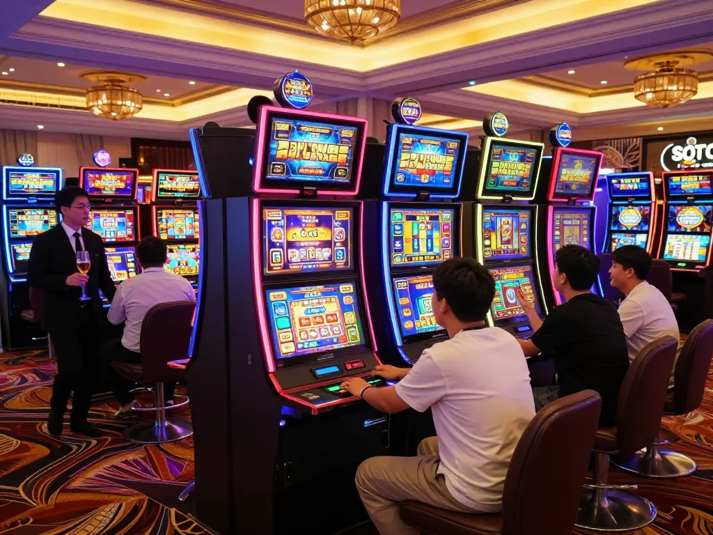 Pemain yang bersemangat menikmati suasana cerah di aula permainan situs slot gacor dengan mesin slot yang berwarna-warni.