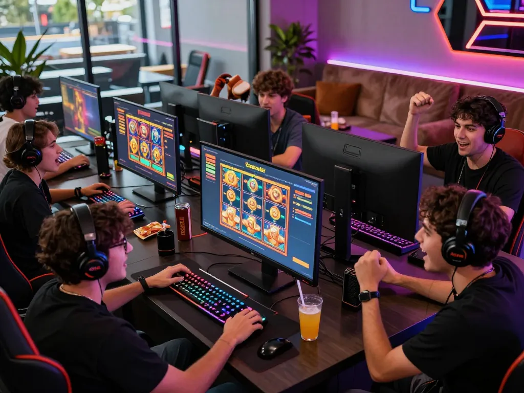 Friends enjoying thrilling slot games on barcaslot in a vibrant gaming lounge.