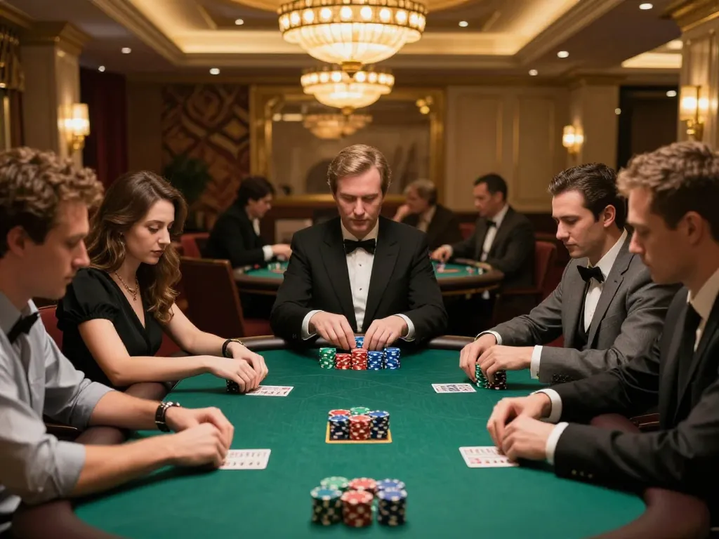 Players engage in a strategic poker game at a luxury casino, highlighting tr88 bio for immersive gambling experience.