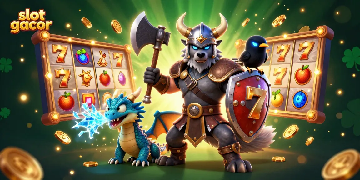 Experience the thrill of slot gacor with a cartoon Viking warrior and dragon illustration featuring spinning reels.