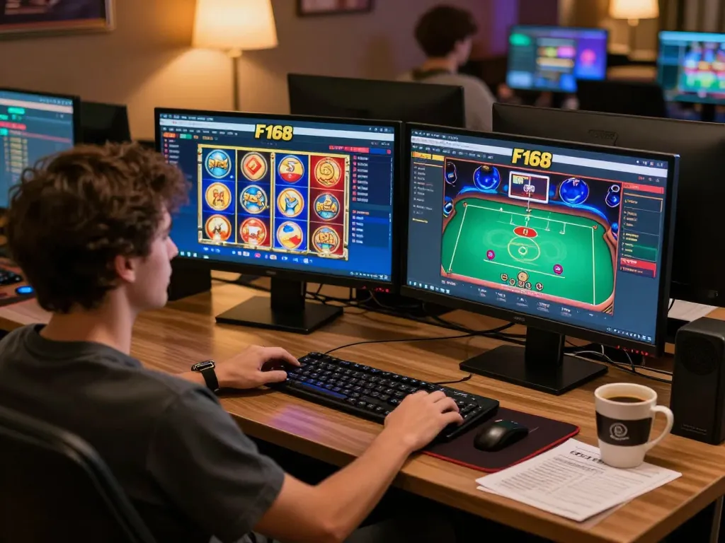 Engaging in online gameplay at F168 com, showcasing vibrant slot graphics and live poker.