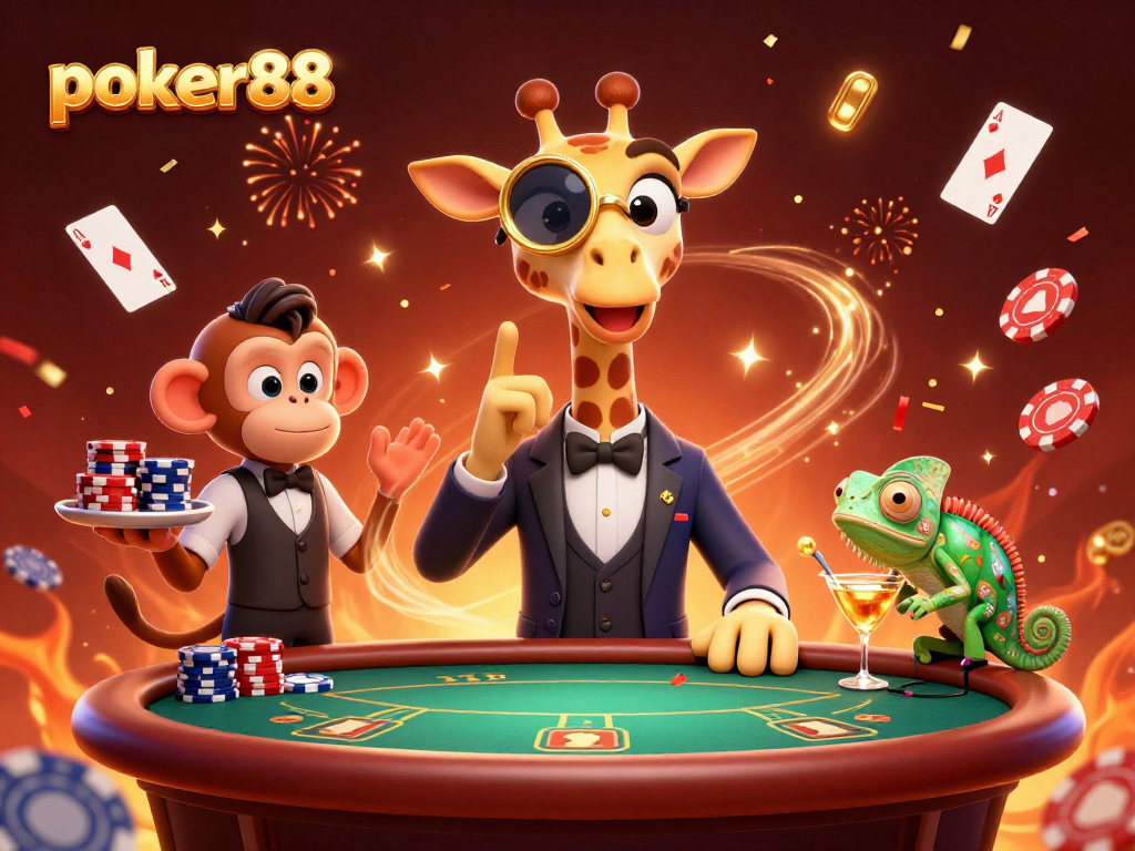Gambarkan momen seru di Poker88 dengan jerapah tinggi bermain poker di meja VIP