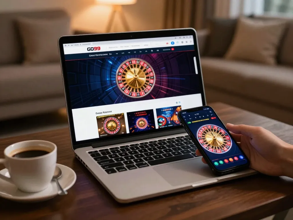 Engaging in online gaming on GO99 platform with stylish technology and cozy ambiance.