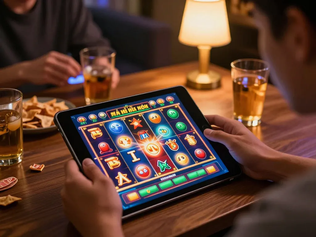Engaging moment of online nổ hũ đổi thưởng gameplay on a tablet, capturing the excitement and strategy involved in betting.