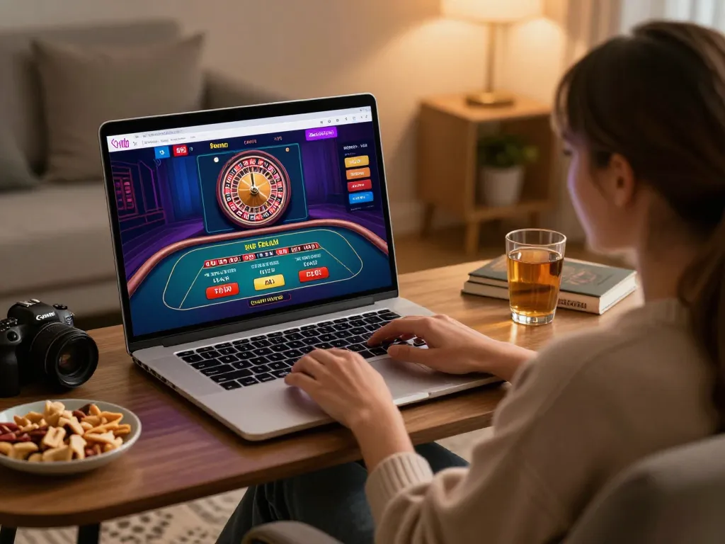 Online player enjoying MMOO live dealer games on a stylish laptop at home with a warm ambiance.