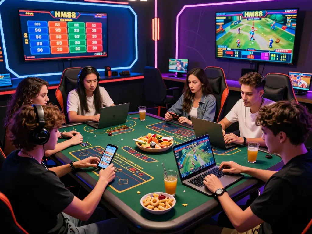 Friends enjoying an energetic hm88 bet game night with vibrant screens and laptops, capturing the excitement of online gambling.