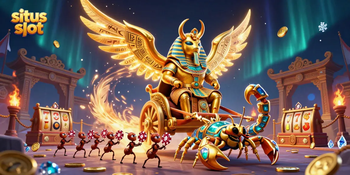 Spin the reels and win big with situs slot featuring a golden scarab beetle in a vibrant casino scene.
