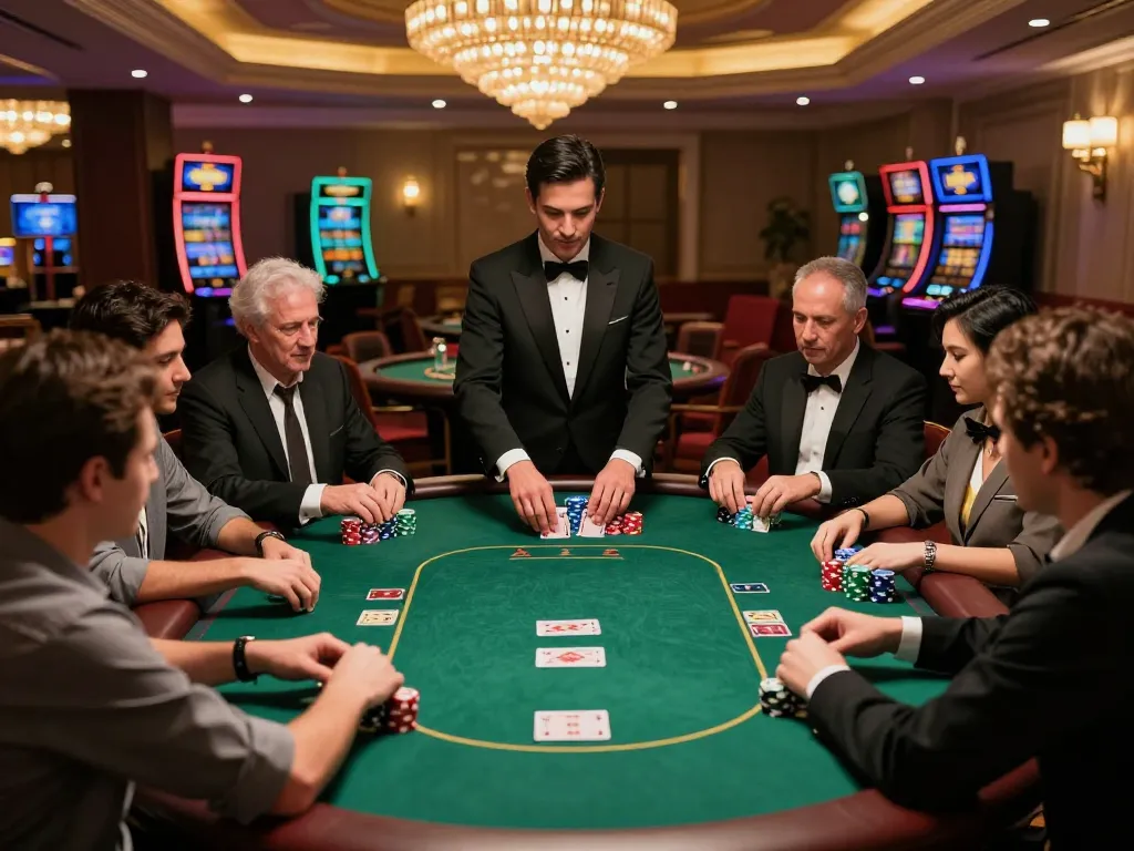 man88a poker game in upscale casino with players placing bets and dealer shuffling cards