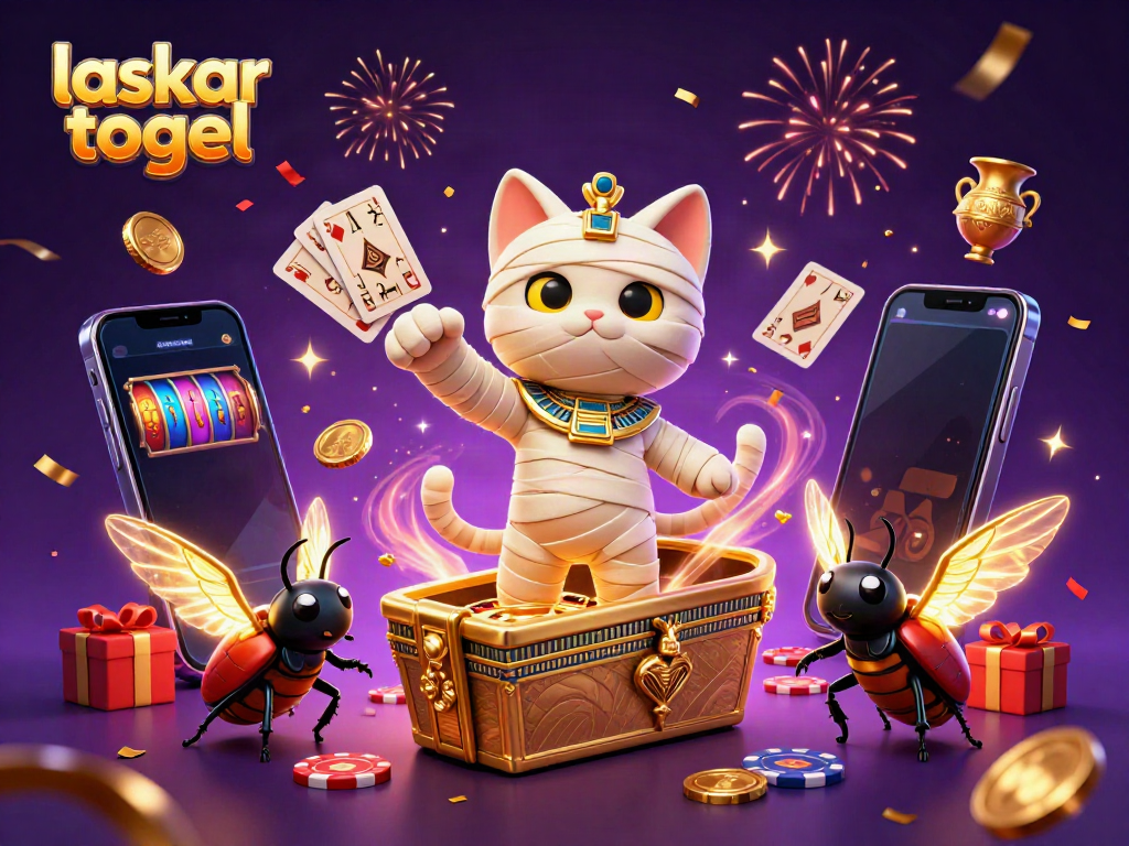 Engage with laskar togel in a vibrant pyramid casino scene featuring a mummy cat, scarab beetle, and slot games.