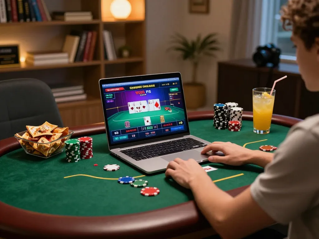 Xoso66 player enjoying online poker game on laptop with vibrant interface and cozy atmosphere.
