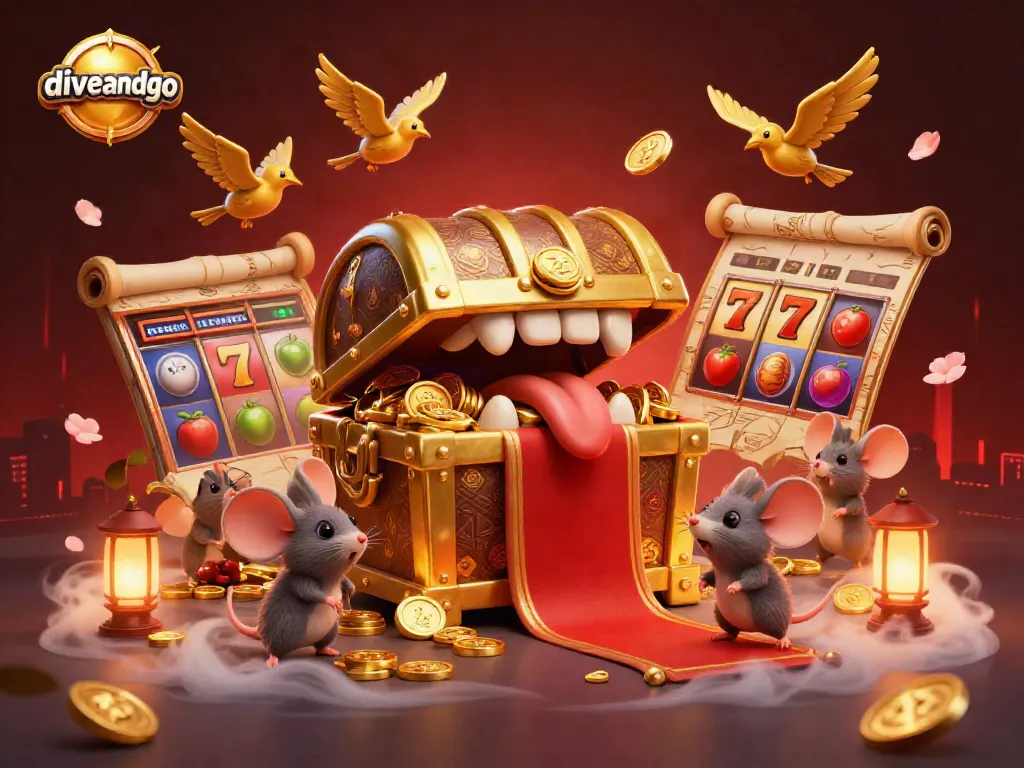 Diveandgo lures players with a vibrant casino scene filled with slot reels and treasure in a captivating 3D illustration.