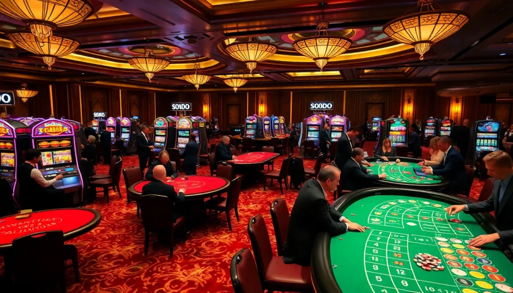 SODO CASINO game action with players engaging at blackjack and roulette tables.